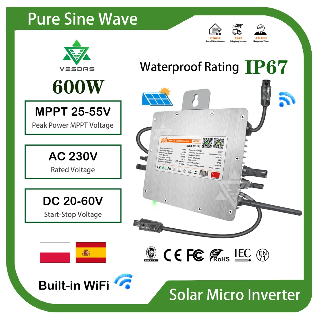 Micro-onduleur solaire 600 W à deux MPPT, WiFi