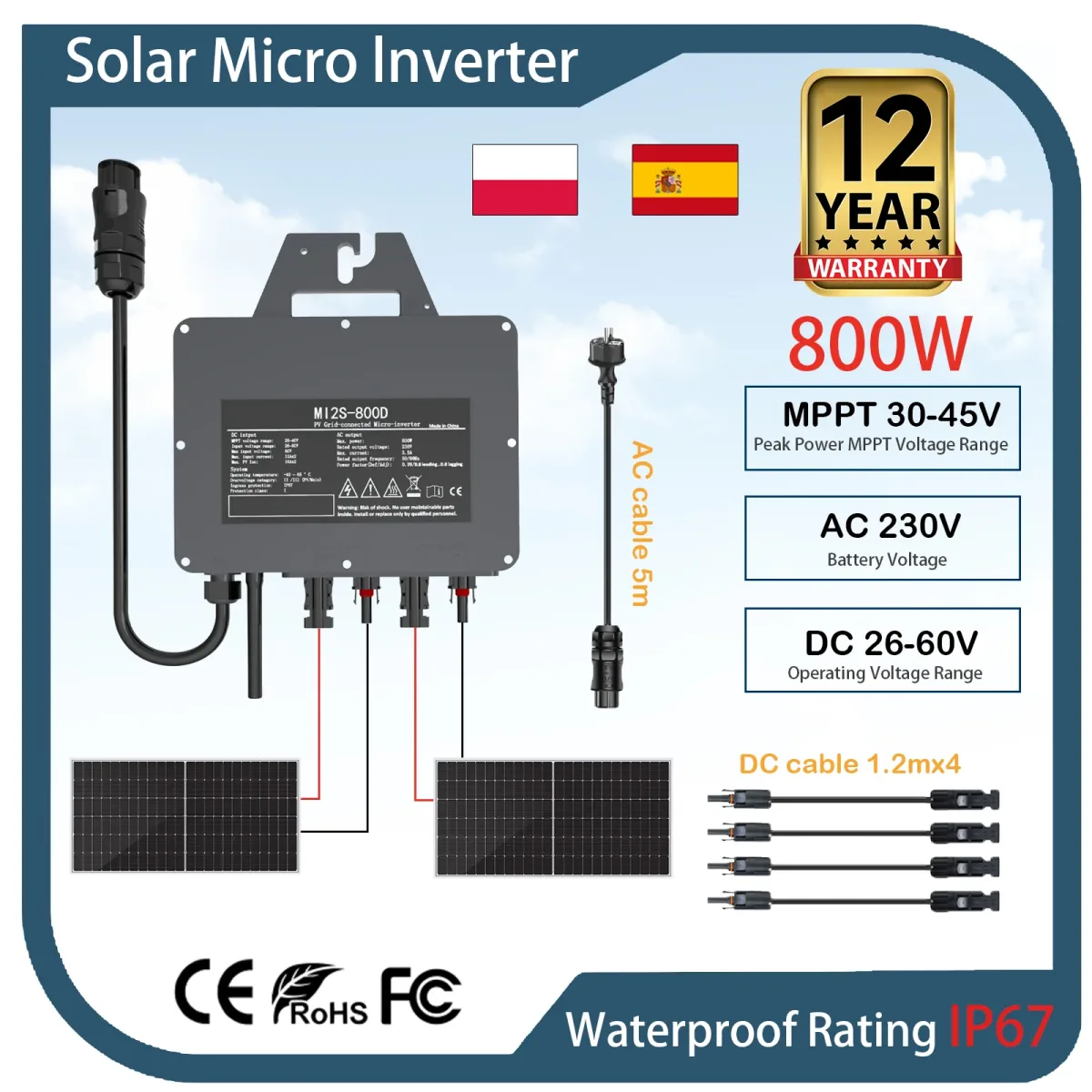 Micro-onduleur solaire 800 W WiFi, IP67